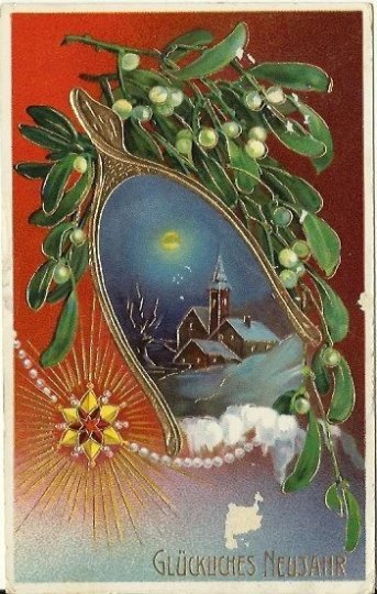 Moonlit Night Scene of Church Surrounded by Wishbone Mistletoe Vintage Postcard