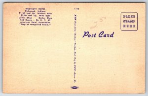 Richmond Indiana~Westcott Hotel @ Night~~$1.50 No Bath~Art-Deco Linen Postcard