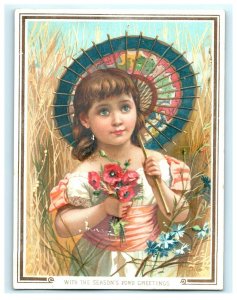 1880s-90s Christmas Card Poem By Fannie Rochal Cute Girl Parasol Poppies P215
