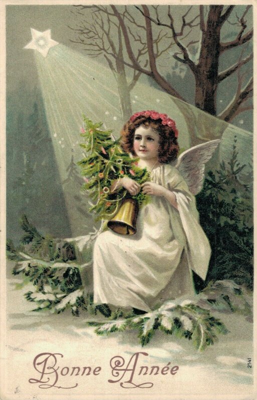 Happy New Year Little Angel Girl with a Bell Embossed Vintage Postcard 07.12