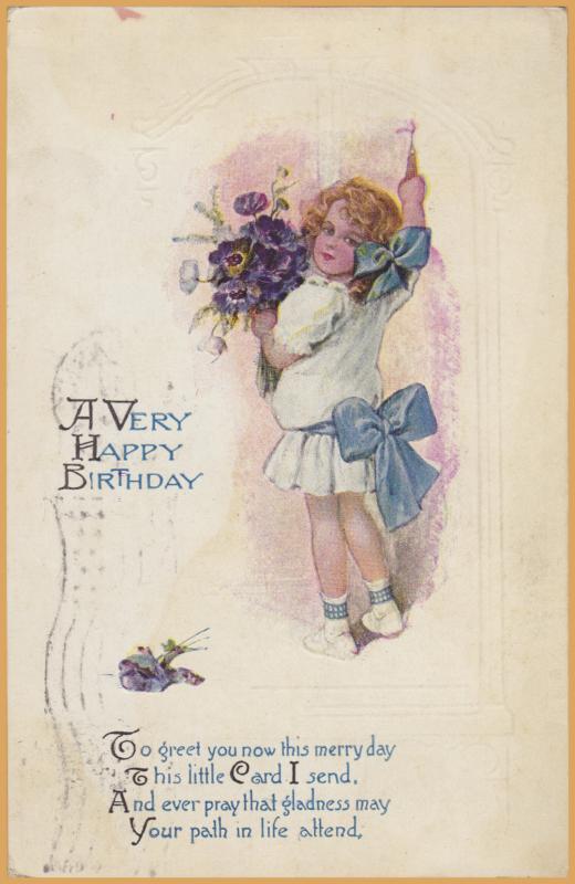 Vintage Birthday A Very Happy Birthday Little Girl With Flowers 1924 Hippostcard