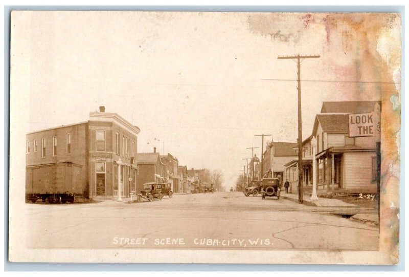 1928 Street Scene Post Office Clothing Store Cuba City WI RPPC Photo