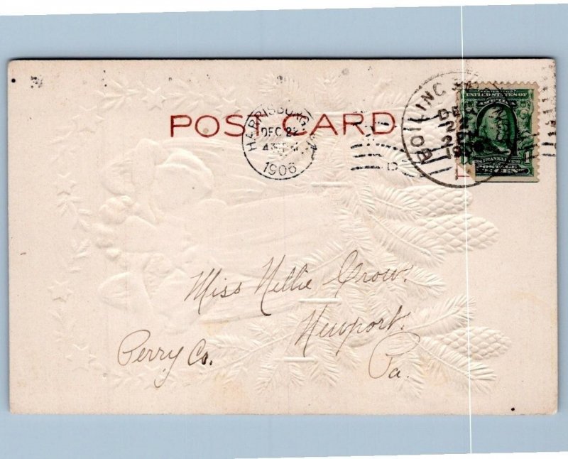 1906 MERRY CHRISTMAS ANGEL PINECONES CANDLES VICTORIAN EMBOSSED POSTCARD
