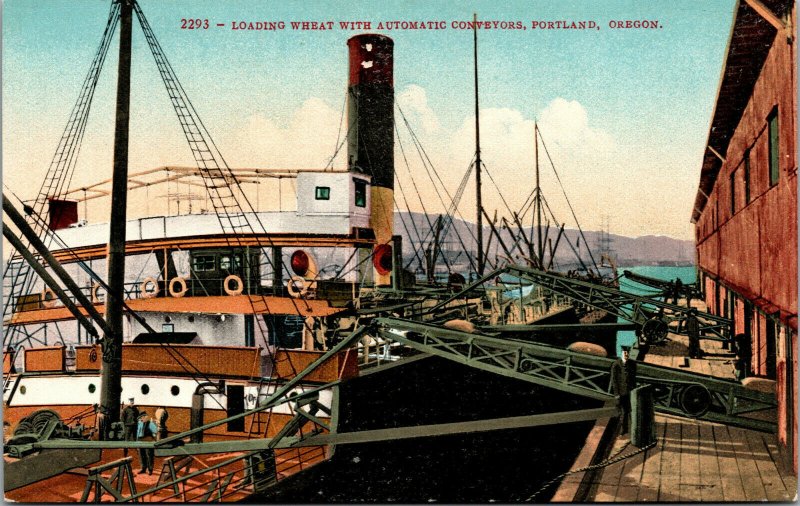 Vtg Loading Wheat With Automatic Conveyors Boat Ship Portland Oregon OR Postcard