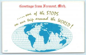 GREETINGS from FREMONT, MICHIGAN  Globe Trip Around the World 1974 Postcard