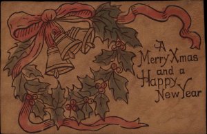 Christmas Holly Ribbon Bells Leather Novelty c1900s-20s Postcard