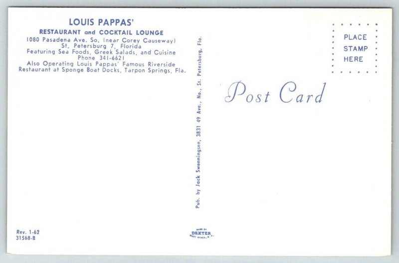 St. Petersburg  Florida  Louis Pappas' Restaurant  Postcard