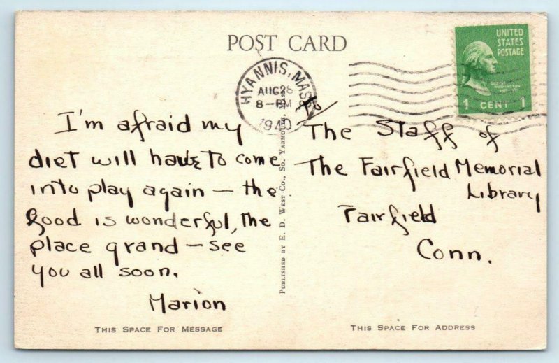 HYANNIS, Cape Cod Massachusetts MA ~ THE COFFEE HOUSE Dining Room 1940 Postcard