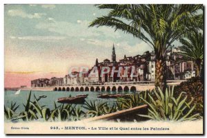 Old Postcard Menton City and Pier Between the Palms