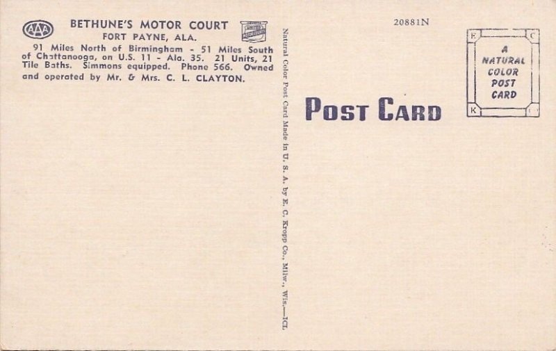 Postcard Bethune's Motor Court Fort Payne AL Alabama