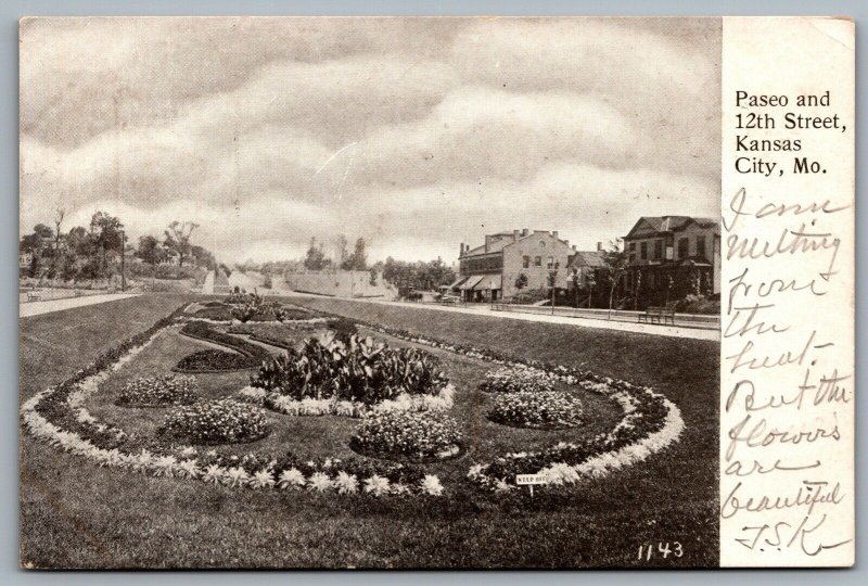 Postcard Kansas City MO c1905 Paseo and 12th Street Sunken Gardens Paseo Blvd