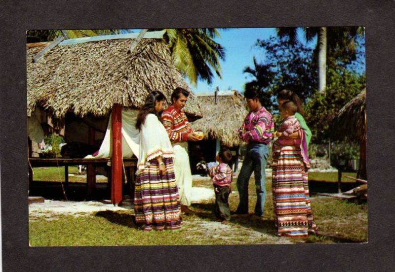 FL Seminole Indians Costumes Musa Isle Florida Postcard Miami Straw Huts