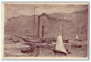 1909 First Trip Clermont Steamer Cruise Ship Paddle Boat Canoe Vintage Postcard