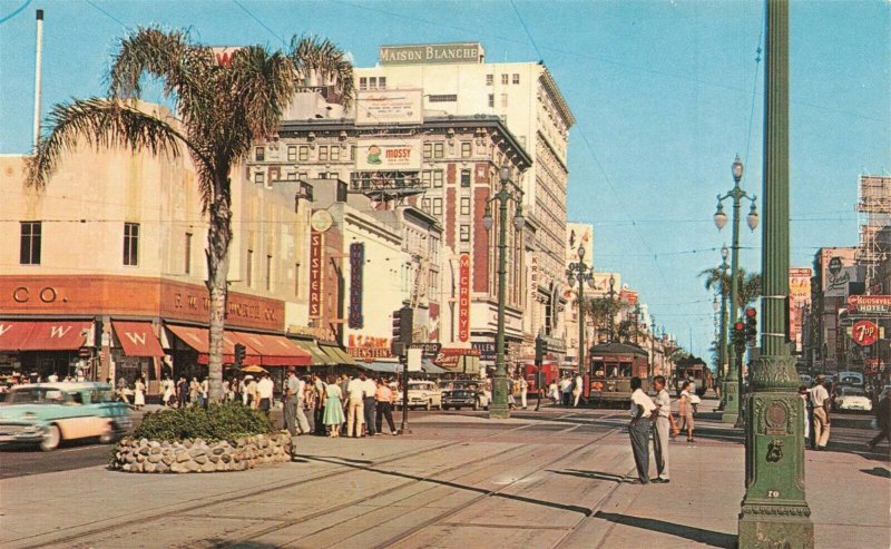 1950's Canal Street Trolley Car Tracks Woolworths New Orleans Postcard 2R3-215 