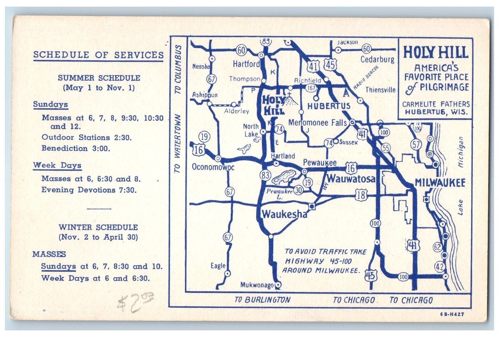 Hubertus Wisconsin WI Postcard Holy Hill Carmelite Schedule Map c1940s