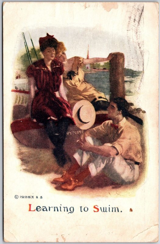 1912 Two Girls and a Guy On Baot Adventure Learning to Swim Posted Postcard