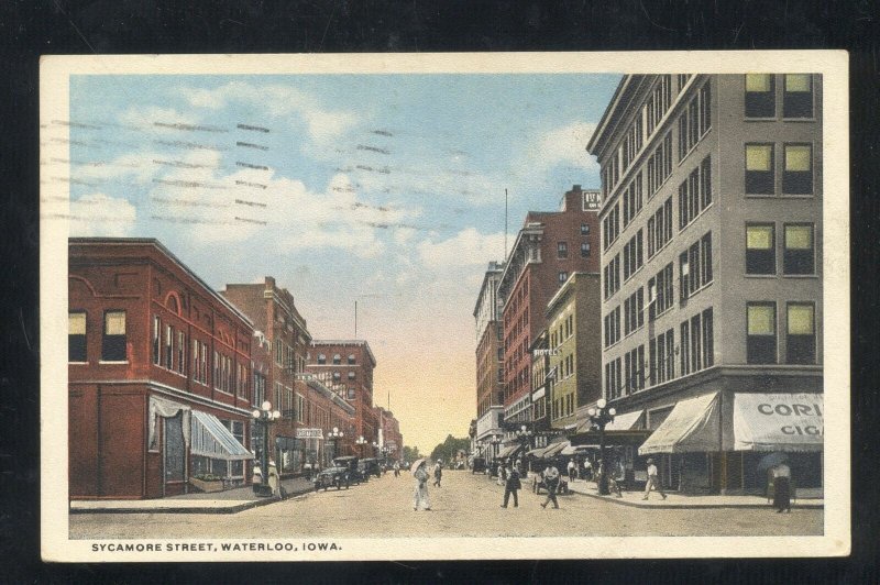 WATERLOO IOWA DOWNTOWN SYCAMORE STREET SCENE VINTAGE POSTCARD 1918