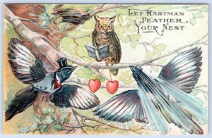1910's ANTHROPOMORPHIC OWL BIRDS WEDDING LET HARTMAN FEATHER YOUR NEST POSTCARD