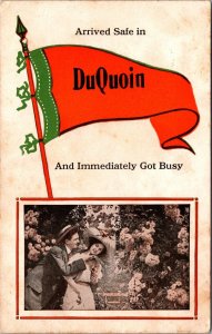 Advertising Postcard Pennant Flag Man and Woman Lovers Flowers Du Quoin Illinois