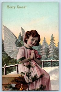 Christmas Postcard Angel Praying Pine Trees Covered Snow Winter Gel c1910's