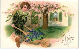 VALENTINE Greeting  TO ONE I LOVE  Boy & Wheelbarrow  c1900s Embossed Postcard