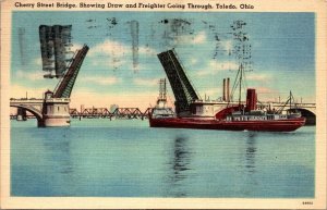 Vintage Ohio Postcard - Toledo - Cherry Street Bridge - Freighter