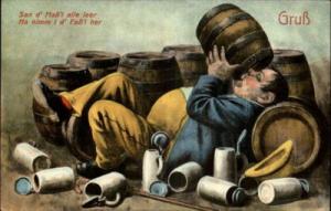 Drunk Man Keg Beer Steins Alcoholism Comic c1910 Postcard