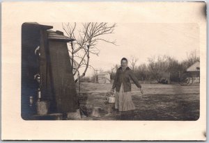 1910's Woman Carrying A Pot Countryside House Way Of Living Postcard