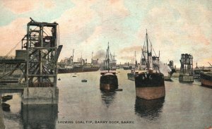 Vintage Postcard 1910's Showing Coal Tip Ships in Water Barry Dock Barry Wales