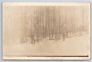 RPPC Men Hunting With Dog And Dead Animal In Snow Postcard S24