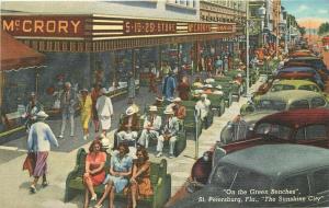 Autos 1940s Green Benches St Petersburg Florida Postcard Teich Sun News 3544