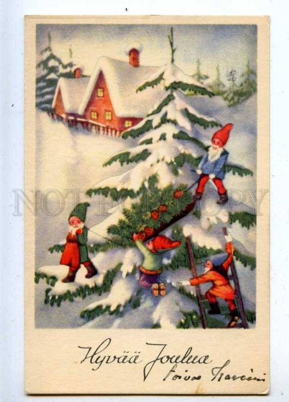 206781 NEW YEAR Dwarfs GNOME on X-mas Tree Vintage postcard