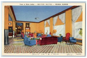 Peoria Illinois IL Postcard Adams Hamilton Streets Mayer Hotel Main Lobby c1940