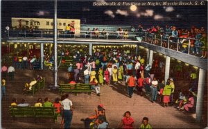 Postcard SC Myrtle Beach Boardwalk & Pavilion at Night Bath House LINEN 1951 S77