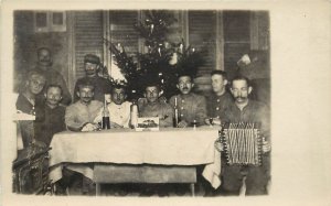 WWI RPPC Postcard Eastern European Soldiers Christmas Tree Concertina Wine