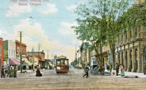 Postcard Early Street View of Trolley on State Street in Salem, OR.   L4
