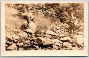 Vtg Wilmington Vermont VT Boys Trout Fishing at Camp Enajerog RPPC Postcard