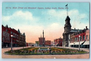 Racine Wisconsin Postcard Main Street Monument Square Looking South 1910 Vintage