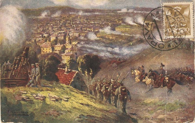 Battle scene. Soldiers. Horsemen Antique German postcard