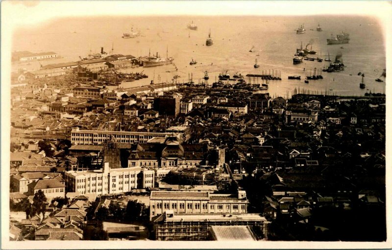 Vtg 1920s Sepia Real Photo RPPC Kobe Japan Harbor w Ships General View Aerial