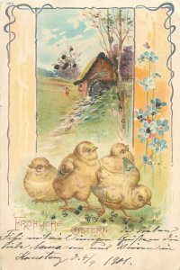 Drawn Easter chicks 1901 chromo Litho art fantasy greetings postcard Germany 