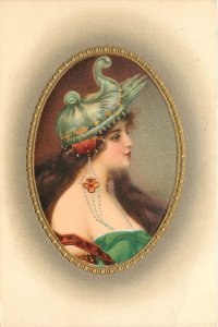 Meissner & Buch Postcard, Exotic Girl in Jewels & Bizarre Hat, Embossed Vignette