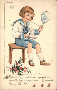 Birthday Little Boy in Sailor Suit Blowing Bubbles Vintage Postcard