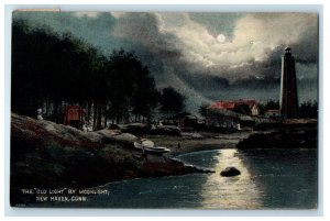 c1910 The Old Light at Moonlight, New Haven Connecticut CT Posted Postcard 