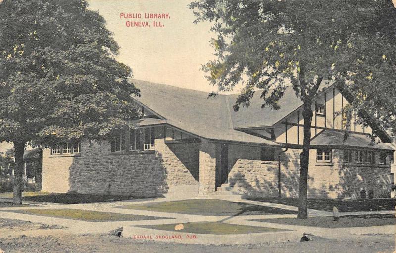 Geneva IL Public Library in 1908 Postcard