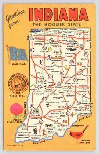 Indiana~State Map-Flag-Flower-Bird~Highways on Map~1950s Postcard