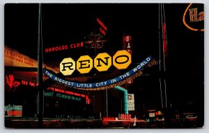 Reno Nevada~The Reno Arch At Night~Gateway To Casinos & Hotels~Vintage Postcard