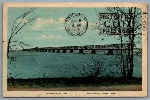 Postcard Montreal Quebec c1936 Victoria Bridge CDS Slogan Cancel Post Office COD