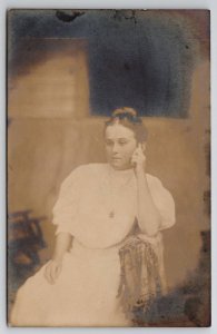 RPPC Edwardian Woman Seated White Dress c1905 Real Photo Postcard P26