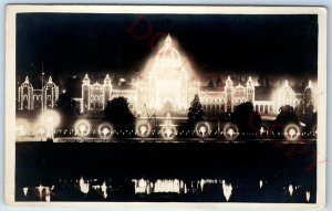 c1930s Victoria, BC, Canada Parliament Building Light Night RPPC Real Photo A141